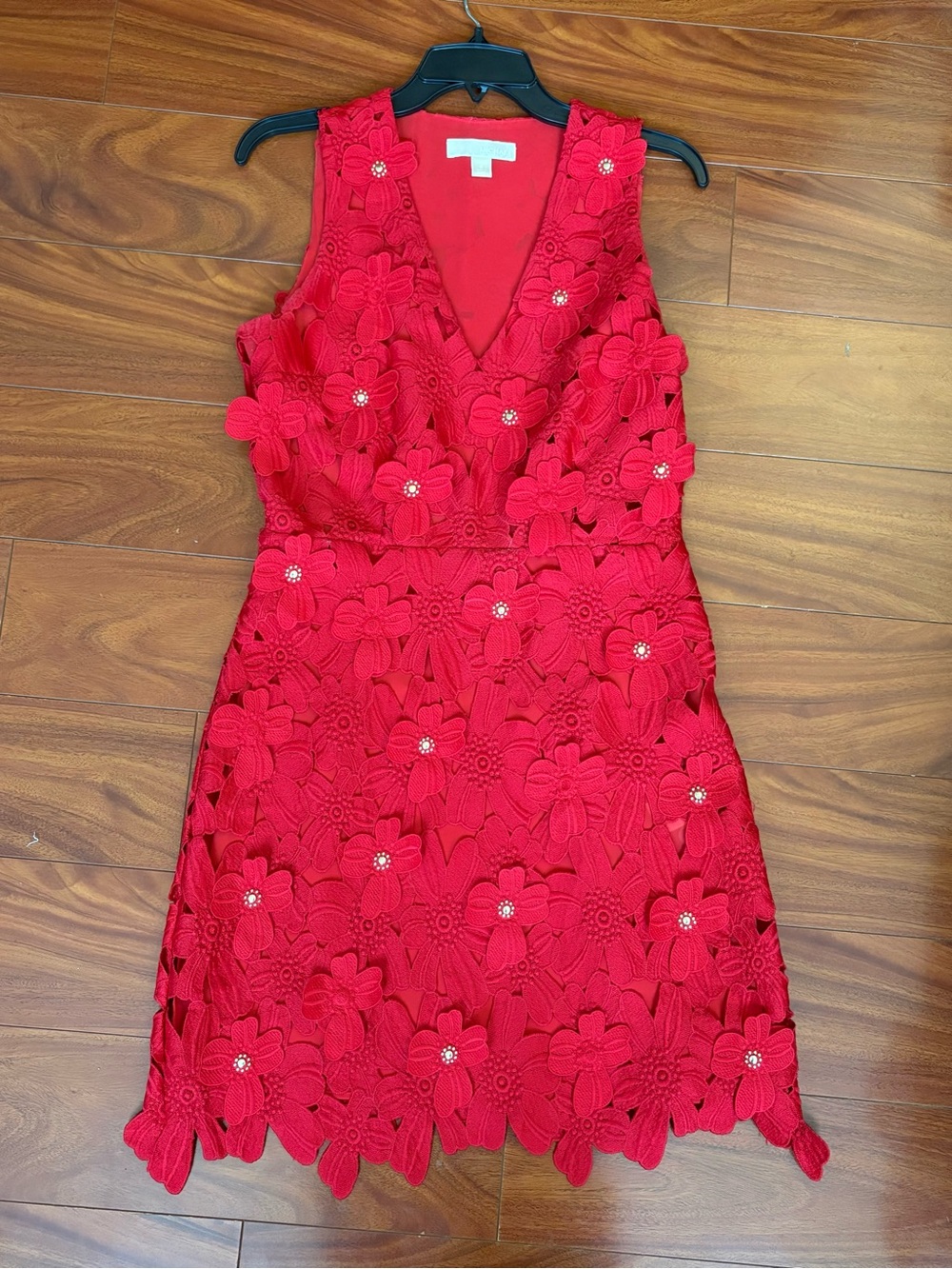 Michael Kors red floral appliqué v-neck dress